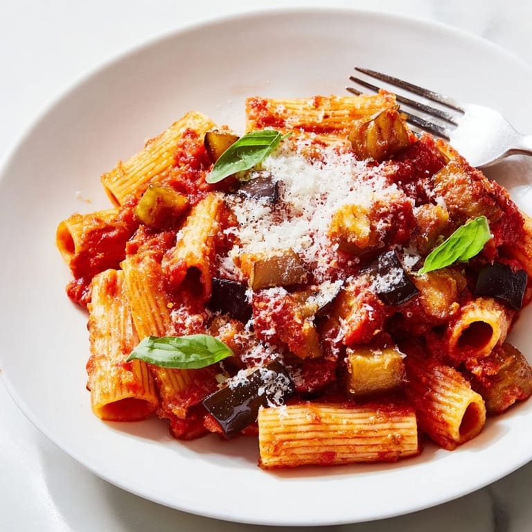 Pasta Alla Norma served in a white bowl, with golden roasted eggplant, al dente pasta, and a rich, garlicky tomato sauce topped with crumbled cheese.  