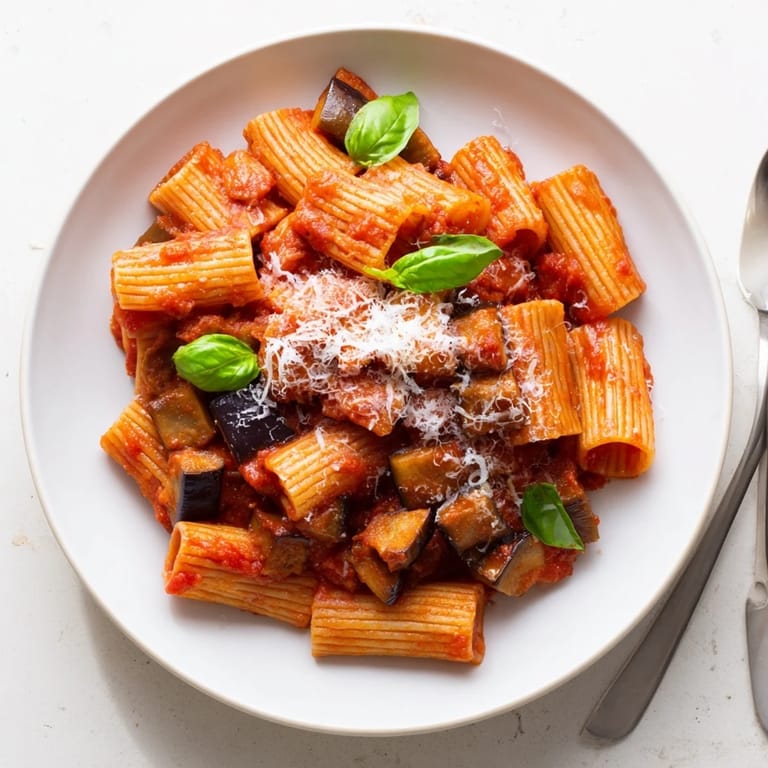 Overhead view of Pasta Alla Norma, showing rigatoni coated in a thick tomato sauce with tender eggplant pieces and a sprinkle of ricotta salata.