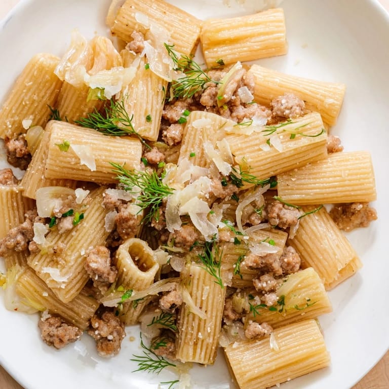 A close-up of Winter Pasta with Sausage and Fennel reveals a light, aromatic sauce clinging to the rigatoni, garnished with fresh parsley and a dusting of Parmesan.