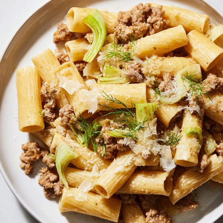 Hearty and comforting, this Winter Pasta with Sausage and Fennel is served in a rustic bowl, with glistening olive oil and flecks of red pepper flakes.