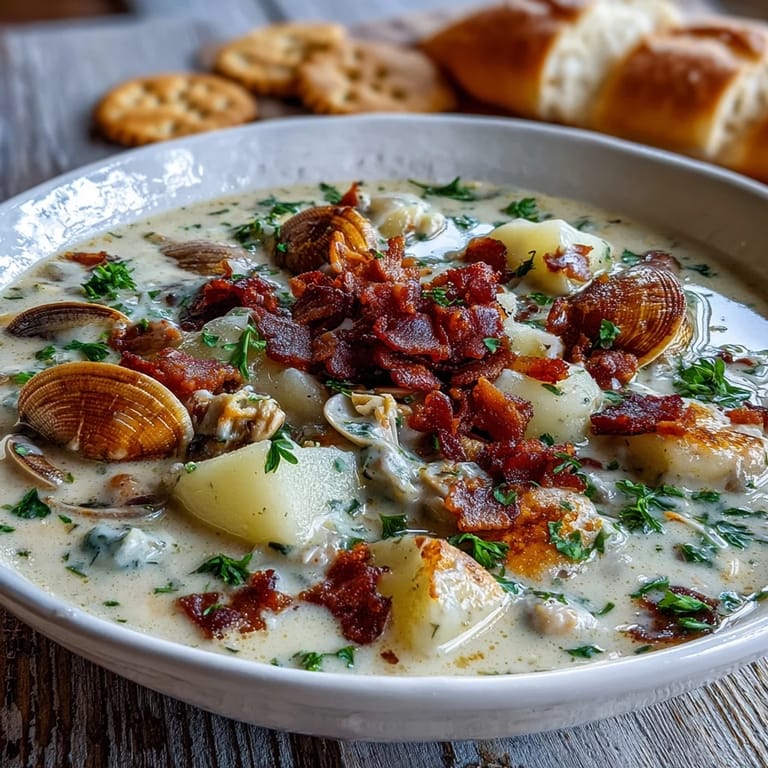 Spoon lifting rich New England Clam Chowder with Yukon Gold potatoes and clams from a rustic pot.