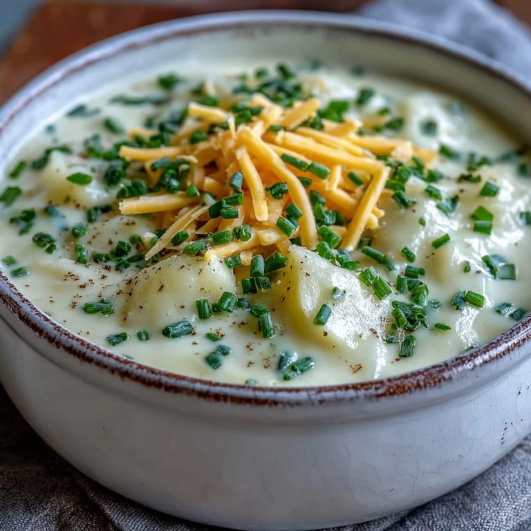 Velvety Cream of Potato Soup simmered with onions and carrots, served steaming hot in a white bowl.