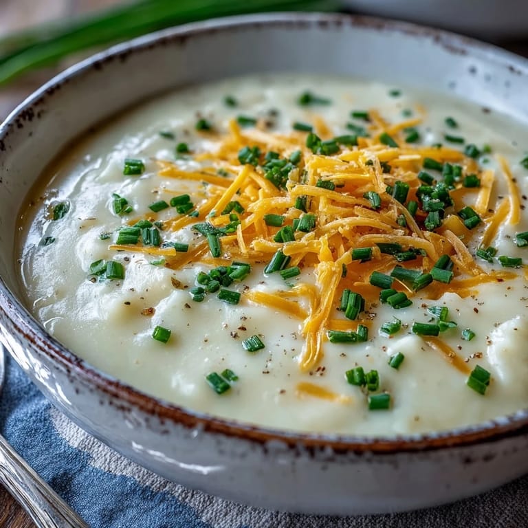 Rich Cream of Potato Soup garnished with crispy bacon crumbles and parsley beside a slice of crusty bread.