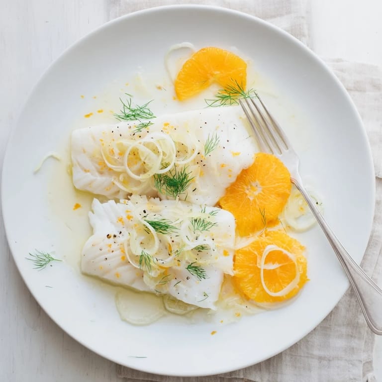 Bright Mediterranean poached cod with fennel and orange slices on a white ceramic plate, ready to serve.