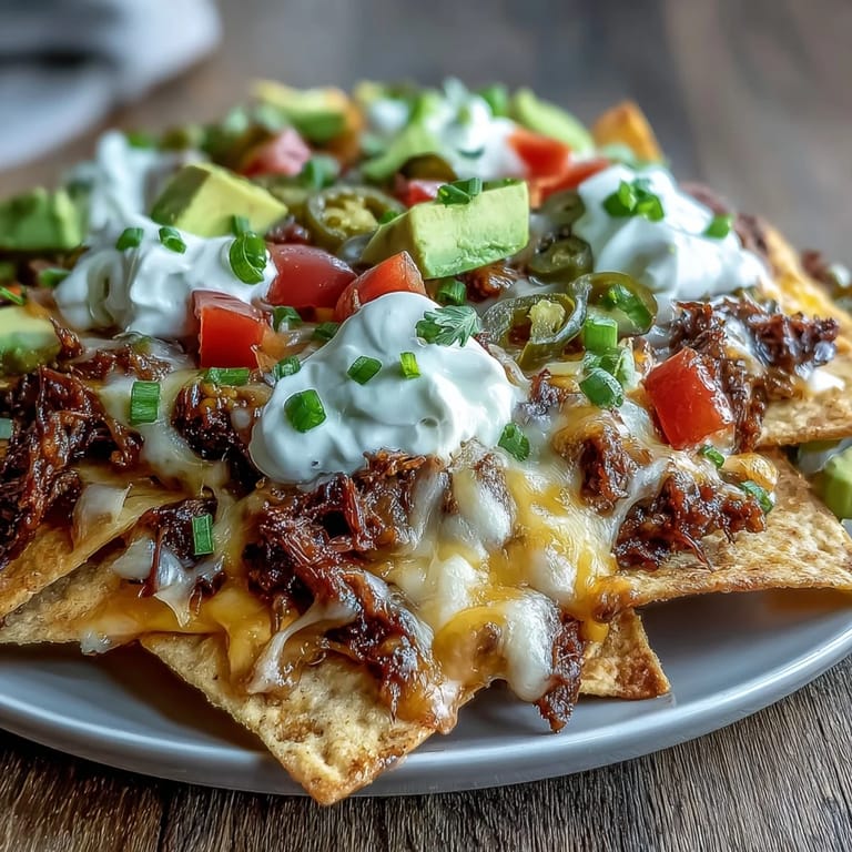 Golden tortilla chips piled high with smoky barbecue beef and gooey Monterey Jack cheese, served hot for game day.