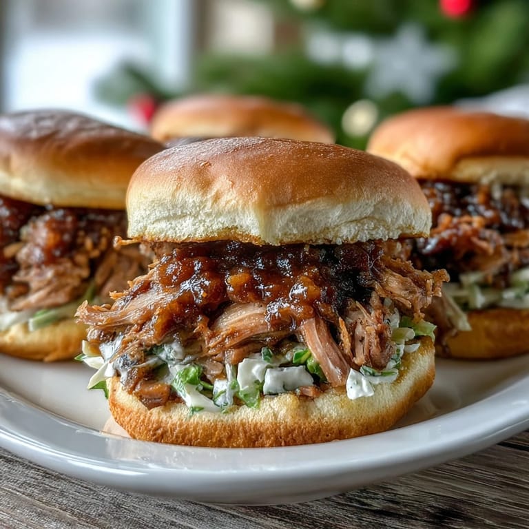 A close-up of juicy Applesauce Pulled Pork Sandwiches topped with creamy coleslaw on a rustic wooden table.