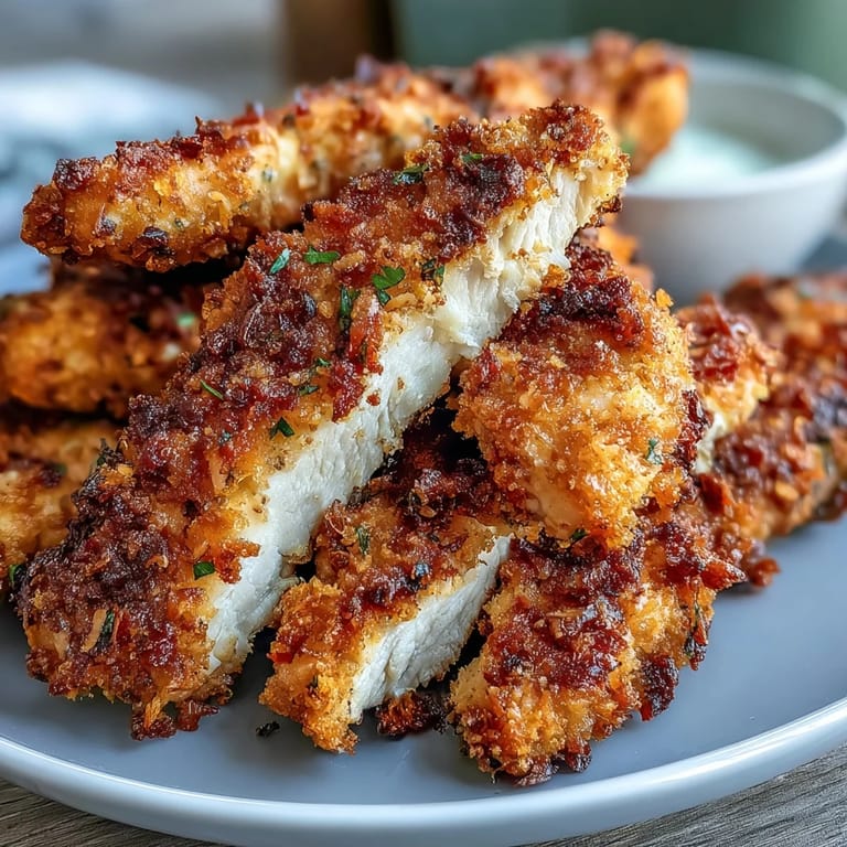 Basket of Air Fryer Chicken Strips with a golden brown crust, served fresh and hot.