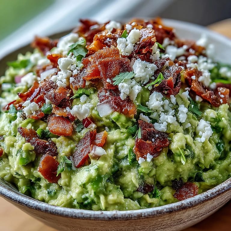 Close-up of Bacon Guacamole with Cotija Cheese showing creamy avocado, red onion, and jalapeños in a serving dish.