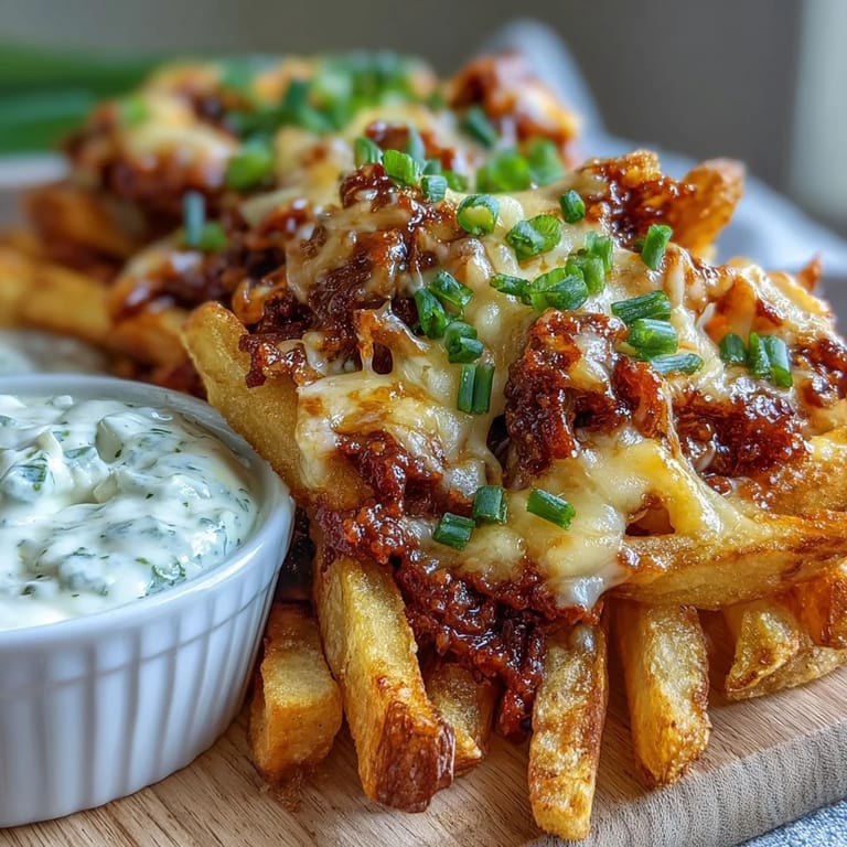 Served with a side of homemade ranch dip, these Cheesy BBQ Fries make a perfect party snack.