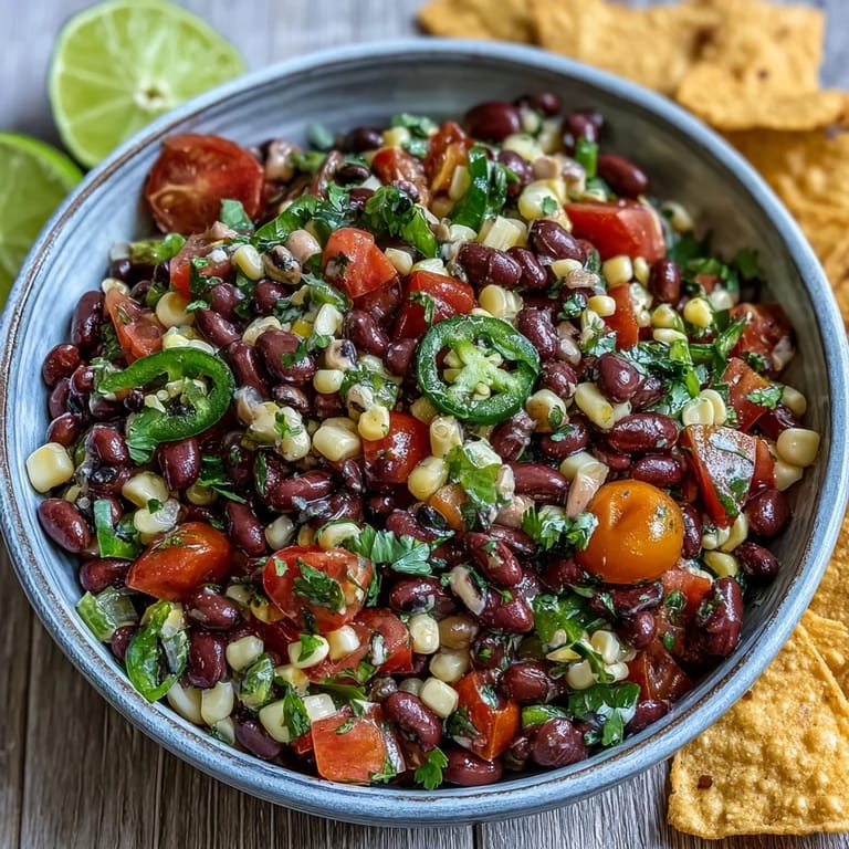 Freshly tossed Cowboy Caviar topped with cilantro, paired with grilled chicken for a delicious, protein-packed Tex-Mex meal.