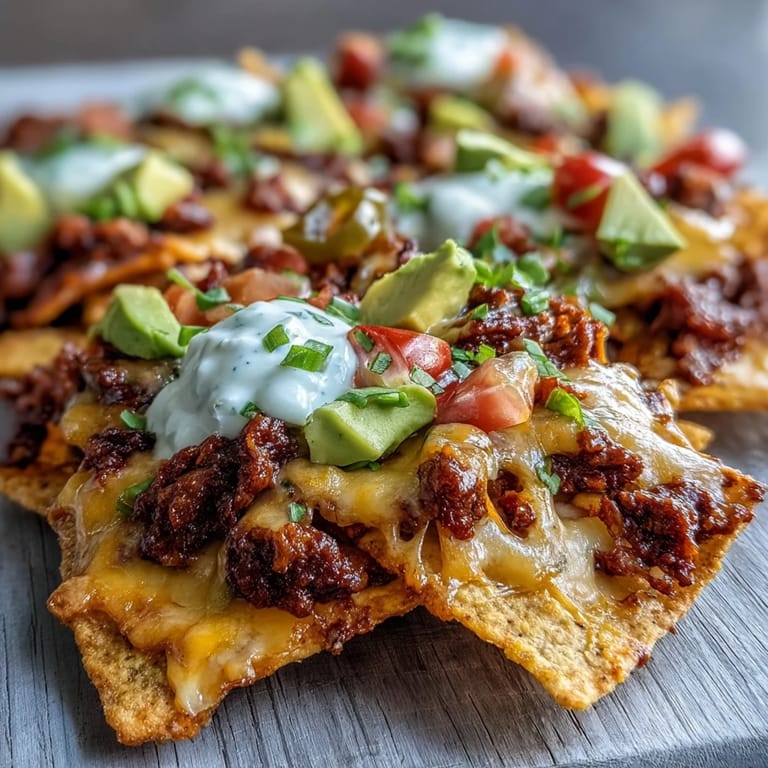 Close-up of savory BBQ Beef Nachos loaded with diced tomatoes, red onion, and fresh cilantro, ready to eat.