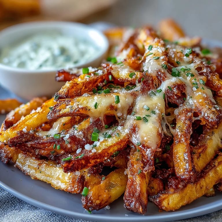 A close-up of baked Cheesy BBQ Fries with Ranch Dip, showing bubbly cheese and smoky seasoning.