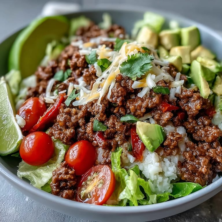 Colorful low carb burrito bowl with seasoned beef, cauliflower rice, avocado, and melted cheese. 