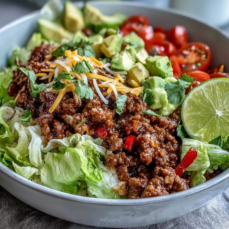 Hearty low carb burrito bowl topped with sour cream, cilantro, and lime wedges for a fresh finish.