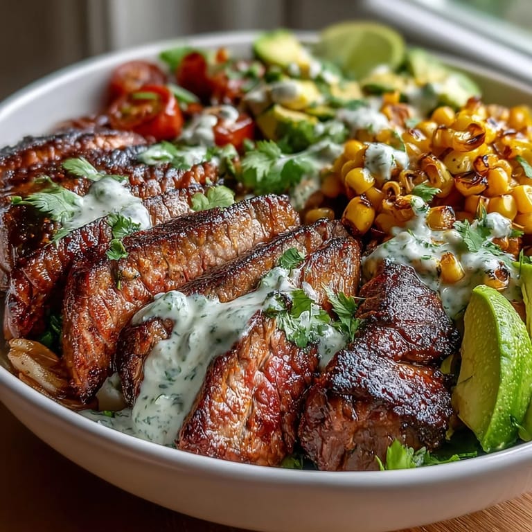 Cubed avocado, juicy tomato halves, and Cotija cheese garnish this hearty Tex-Mex bowl filled with tender steak and smoky roasted corn.