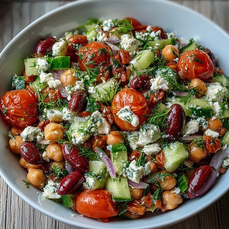 Colorful Greek Bean Salad with Lemon Marinated Beans tossed with Kalamata olives, red onion, and parsley.