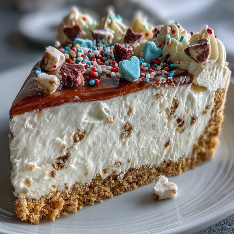 Chilled Candy Hearts Fake Cake features a buttery graham cracker base, silky cheesecake layer, and luscious whipped frosting with crunchy candy hearts.