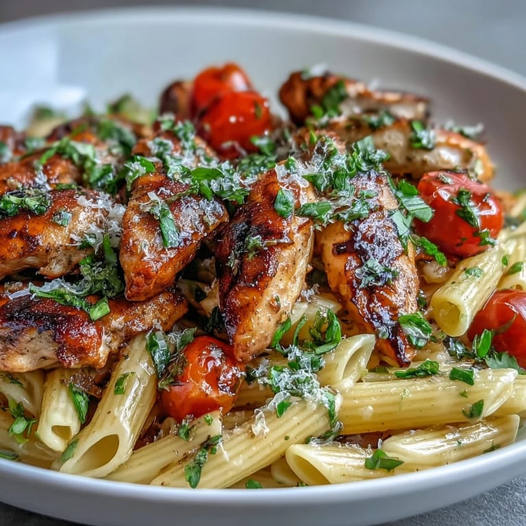 Hearty Bruschetta Chicken Pasta served in a warm bowl, garnished with Parmesan, basil leaves, and a rustic bread slice on the side.