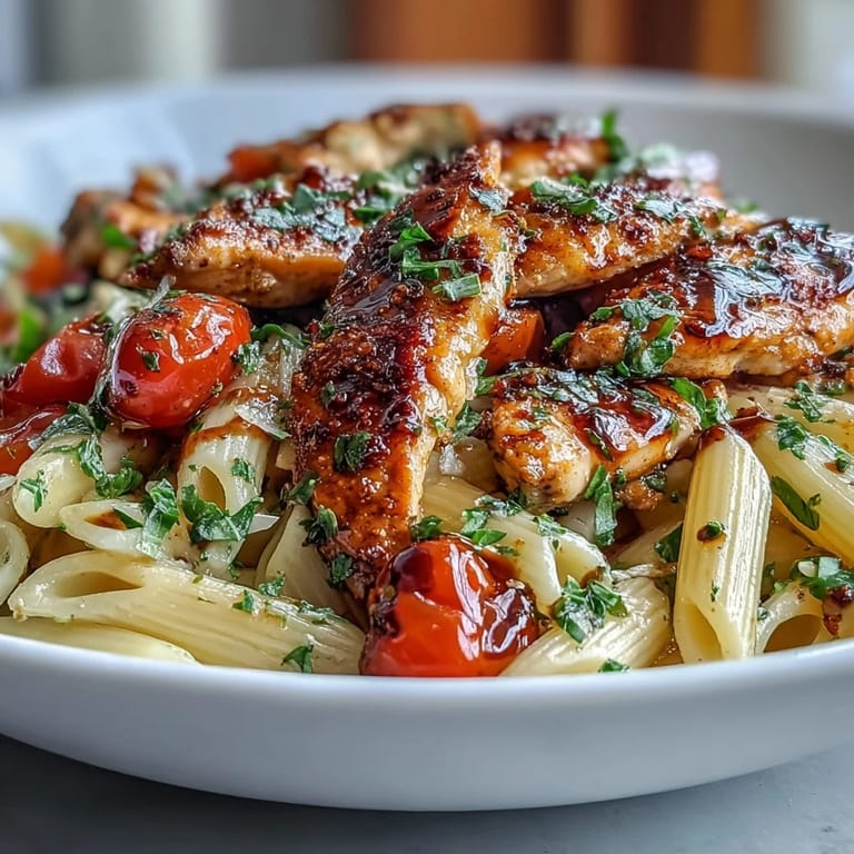 A close-up of golden Bruschetta Chicken Pasta showcases diced mozzarella, fresh basil, and a drizzle of balsamic over tender noodles.