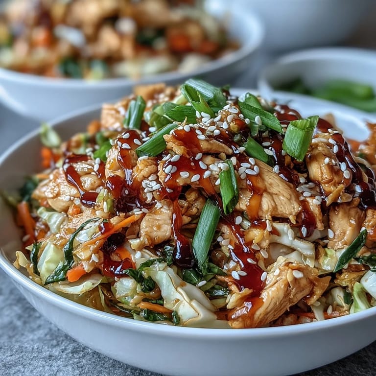 Ready to serve Egg Roll Bowls with Chicken and Cabbage, garnished with sesame seeds and green onions.