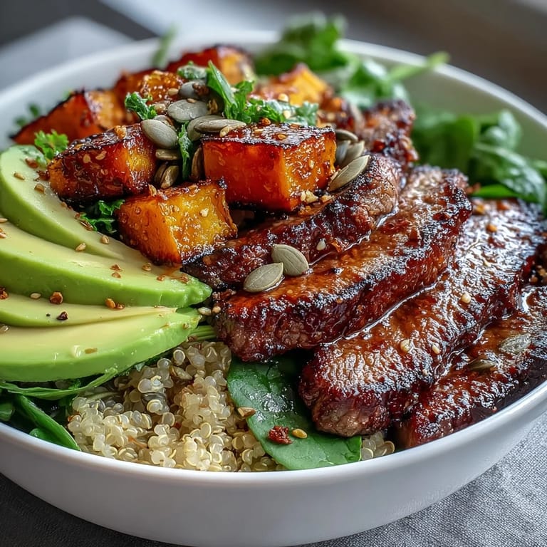 A hearty Butternut Squash Steak Bowl with tender steak, caramelized squash, and toasted pumpkin seeds.