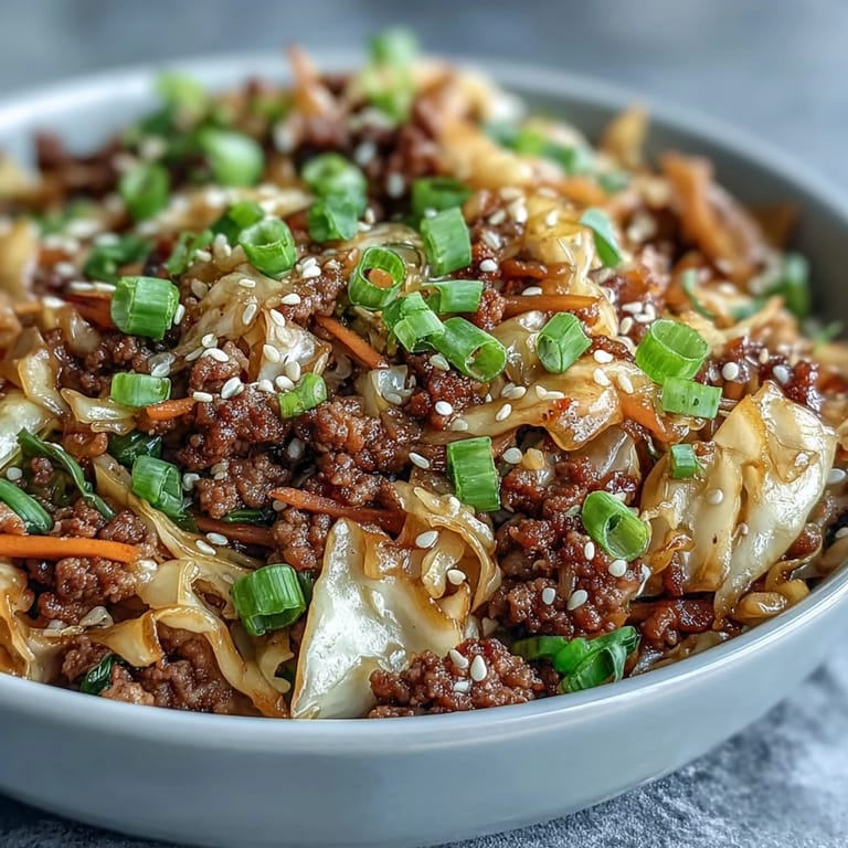 Serve this savory Egg Roll in a Bowl topped with green onions and sesame seeds over steamed cauliflower rice.