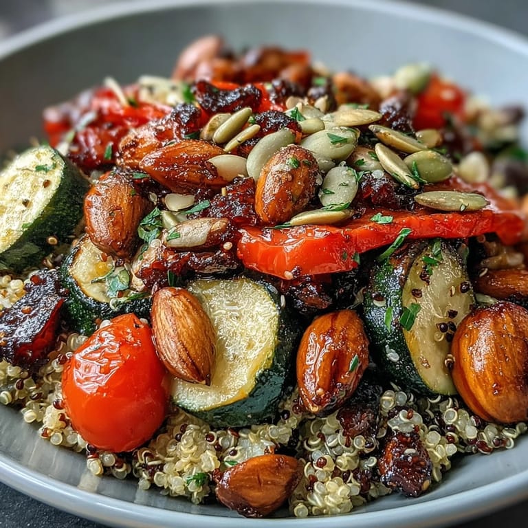 A fresh Veggie and Quinoa Power Bowl topped with pumpkin seeds, cherry tomatoes, and zesty lemon vinaigrette.