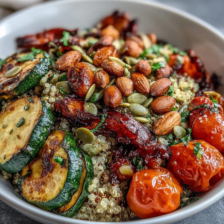 Healthy Veggie and Quinoa Power Bowl served with fluffed quinoa, roasted zucchini, and a drizzle of dressing.
