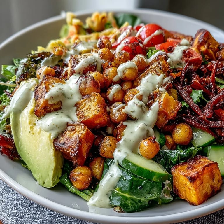 Overhead view of a healthy Breakfast Buddha Bowl, featuring fresh avocado and cherry tomatoes ready to eat.