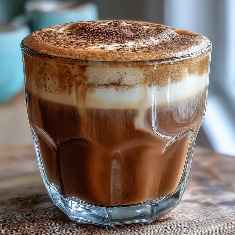 A close look at a Hojicha Cortado revealing deep brown hues and velvety steamed milk.