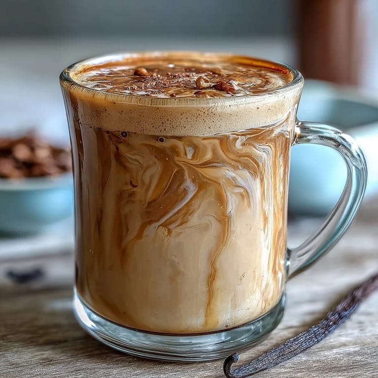 Homemade Hojicha Latte with Vanilla Extract served in a ceramic mug, paired with a flaky pastry on a cozy breakfast table.