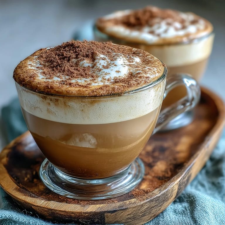 Two servings of aromatic Japanese hojicha cappuccino with a cinnamon dusting beside pastries.
