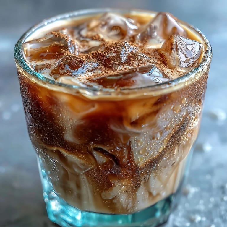 Cooled roasted tea with milk and a dash of warming cinnamon garnished in a tall glass.