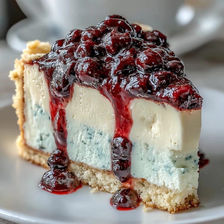 Overhead shot of a whole Lemon Blueberry Shortbread Mousse Cake with a blueberry compote drizzle, ready to serve at a summer celebration.