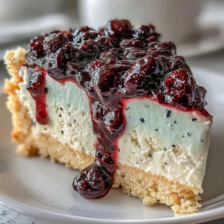 A close-up view of Lemon Blueberry Shortbread Mousse Cake showcases the delicate layers and a garnish of fresh lemon zest and ripe blueberries.