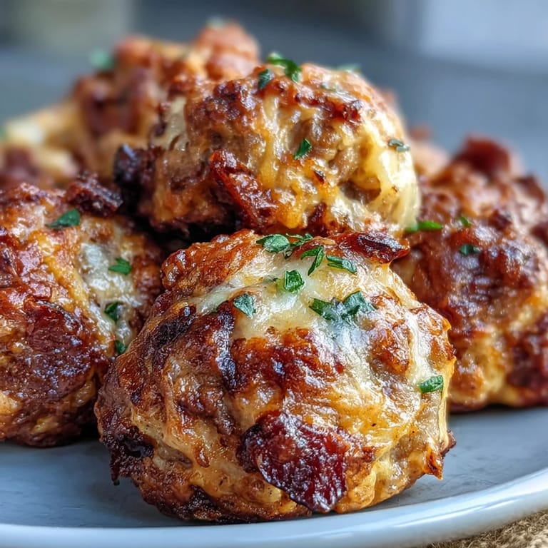Close-up shot of a freshly baked Rotel Sausage Ball broken in half, revealing a cheesy, meaty interior studded with spicy Rotel tomatoes.