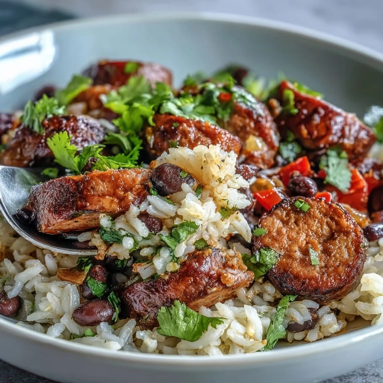 Hearty serving of Black Beans, Sausage, and Rice Skillet topped with lime wedges and cilantro.