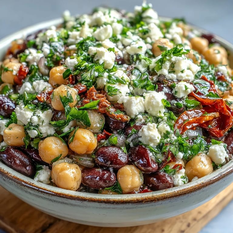 Serving suggestion for Divorce Salad, a chilled Mediterranean meal-prep dish with chickpeas, black beans, and feta.