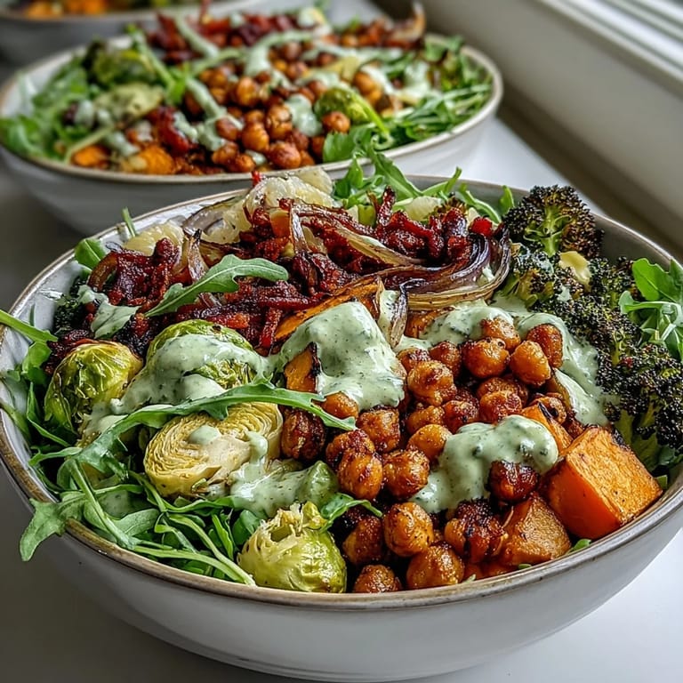 Crispy chickpeas and caramelized sweet potatoes in a hearty Roasted Veggie & Chickpea Bowl with Maple Dijon Tahini Dressing.