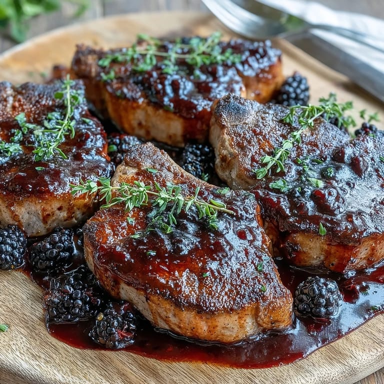 A close-up of tender Bourbon Blackberry Pork Chops, topped with plump fresh berries and a glossy, sweet-savory sauce.