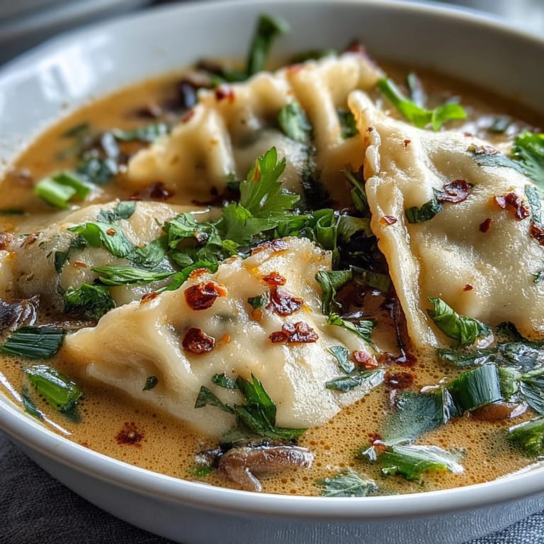 A bowl of Quick Coconut Curry Soup with Dumplings topped with fresh cilantro, scallions, and a drizzle of chili oil for spice.