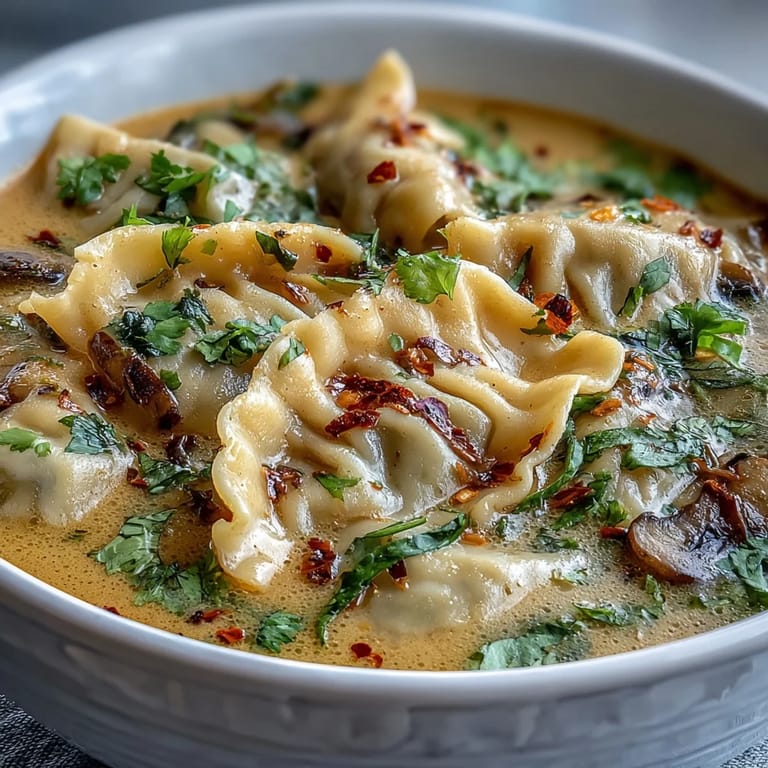 Close-up of Quick Coconut Curry Soup with Dumplings in a rustic bowl, garnished with crunchy garlic, vibrant vegetables, and steam rising.