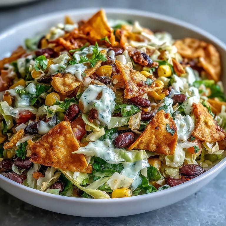 A close-up of Frito Cowboy Cabbage in a serving bowl, topped with extra crunchy Chili Cheese Fritos and fresh cilantro.