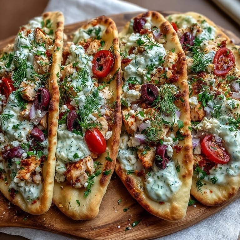A close-up of a hot Lemon Feta Chicken Naan Pizza, featuring juicy chicken, black olives, and red onions, drizzled with cool, creamy tzatziki sauce.
