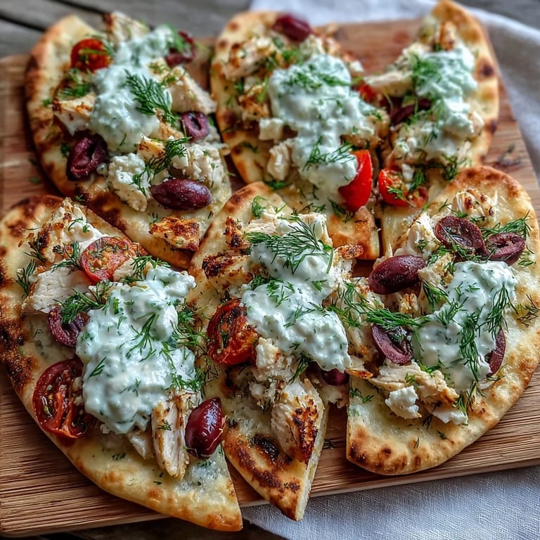 Golden crisp naan bread base topped with tender lemon chicken, crumbled feta cheese, halved cherry tomatoes, and fresh dill, served as a quick Mediterranean dinner.