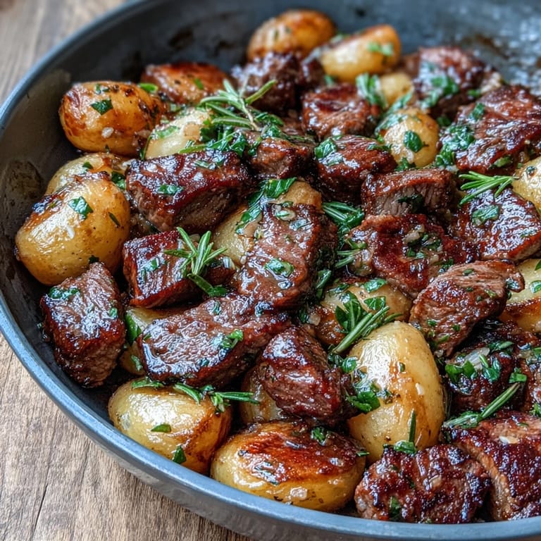 A close-up of the Garlic Butter Steak & Potato Skillet showcases tender beef cubes beside rosemary-infused potatoes and fresh parsley garnish.