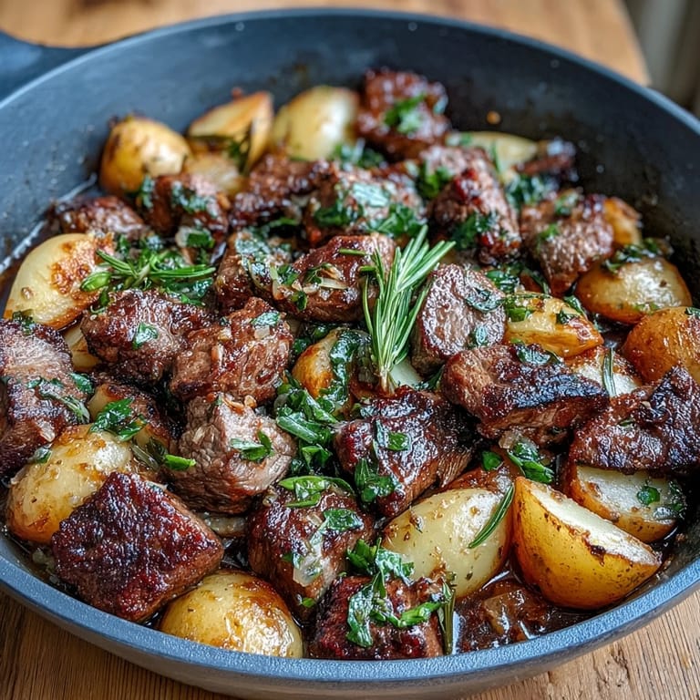 Sizzling Garlic Butter Steak & Potato Skillet served family-style in a cast iron pan with lemon wedges for a zesty finish.