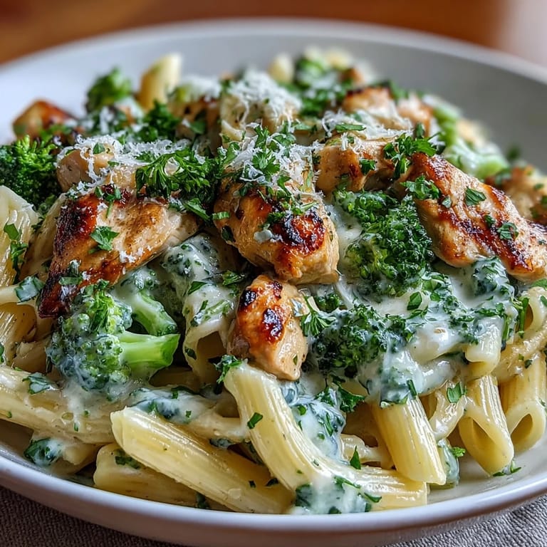Close-up of Garlic Parmesan Broccoli & Chicken Pasta showing tender chicken, broccoli, and creamy sauce on penne.