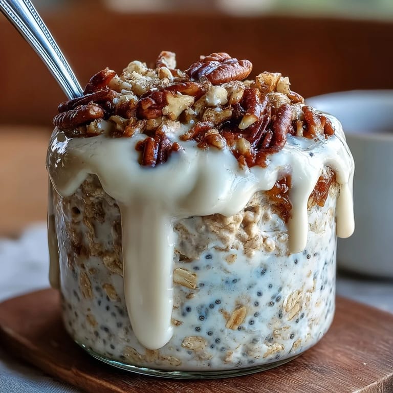 Jars of High-Protein Cinnamon Roll Overnight Oats with creamy texture and a maple-cinnamon drizzle, served for a healthy breakfast.