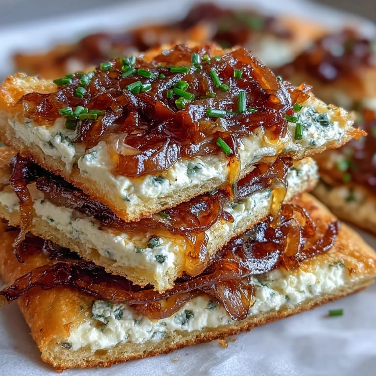 Freshly baked Goat Cheese & Caramelized Onion Flatbread slices with creamy cheese and golden onions, served warm from the oven.